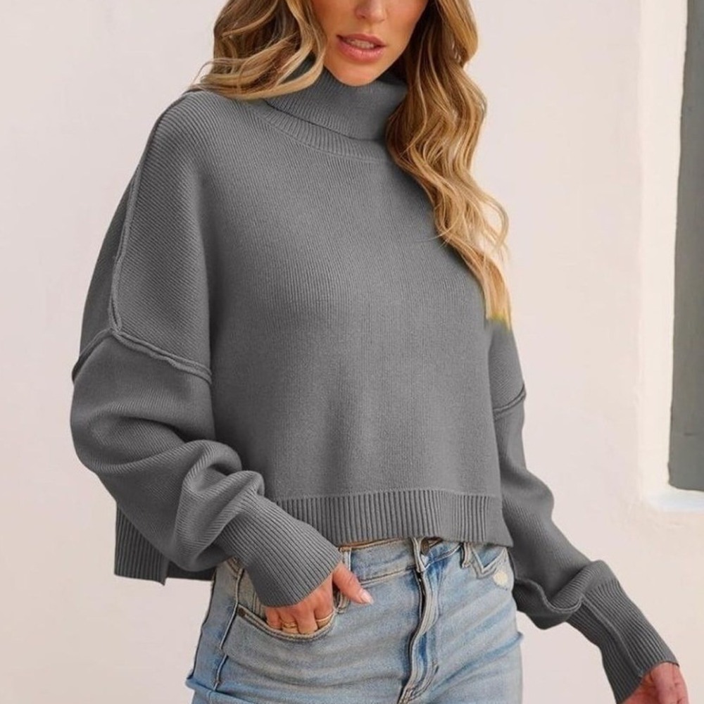 MEROKEETY Womens Oversized Turtleneck Ribbed Crop Sweater Charcoal Gray Large